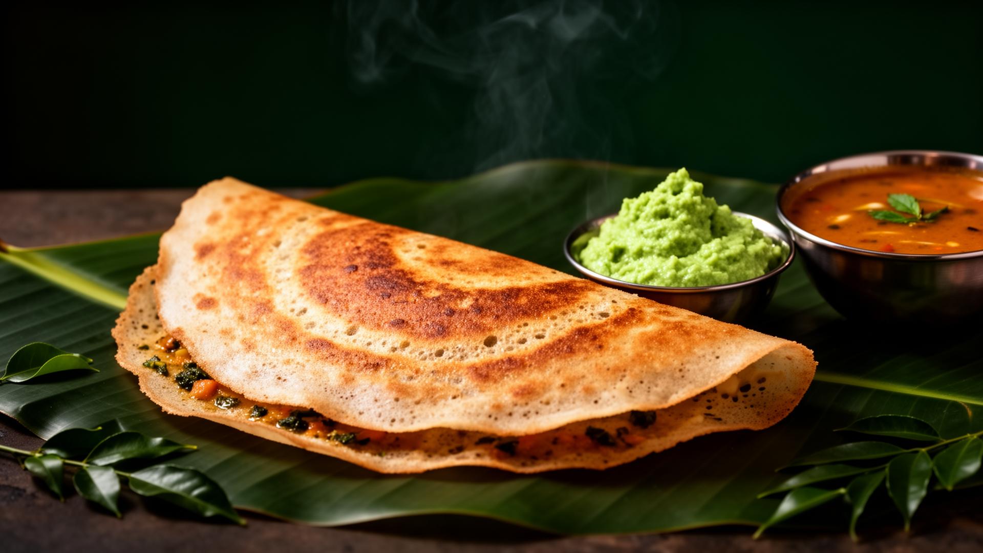 Crisp masala dosa with mint chutney and sambar